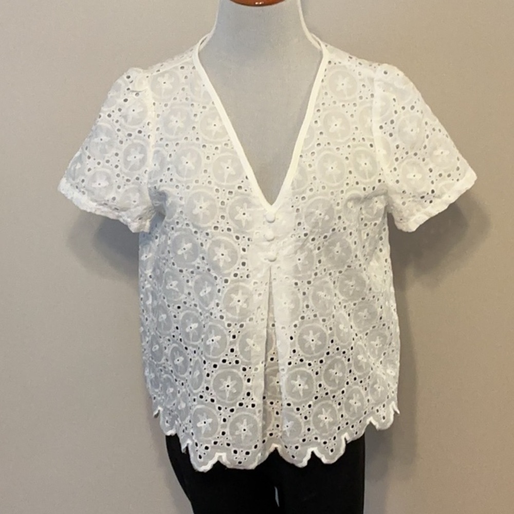 White Eyelet V-Neck Women's Top
